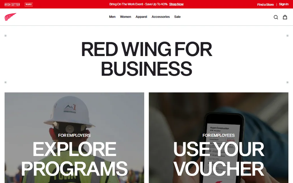 Red Wing for Business homepage with its employee program and voucher options