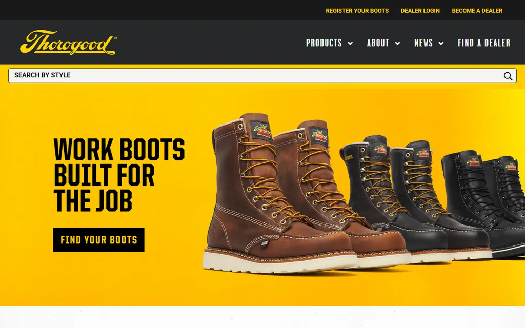 Thorogood homepage showing work boots built for the job