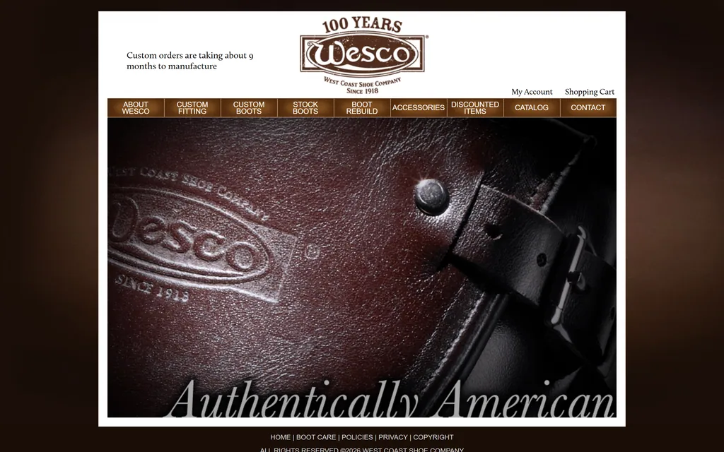 Wesco homepage showing its welted leather boot range and 100-year badge
