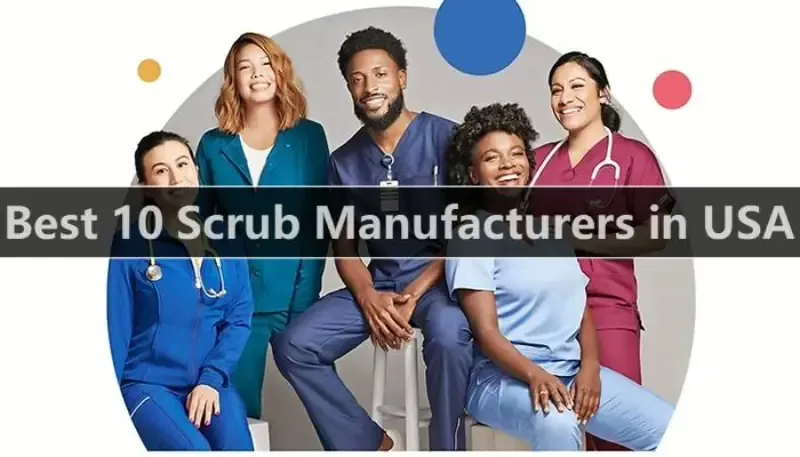 Medical scrub uniforms on production rack in manufacturing facility
