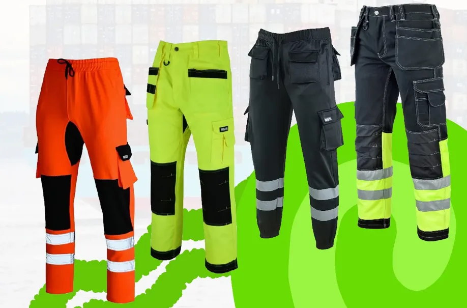 Hi-vis orange, lime, and black cargo work pants used as the hero SKU when building a line-item cost sheet