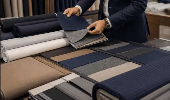 Buyer comparing a navy fabric swatch against folded swatch cards and fabric rolls while building a commercial package instead of arguing one MOQ number