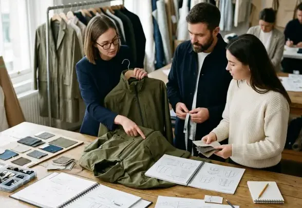 Procurement team reviewing a workwear sample, fabric swatches, and spec sheets during a surcharge audit