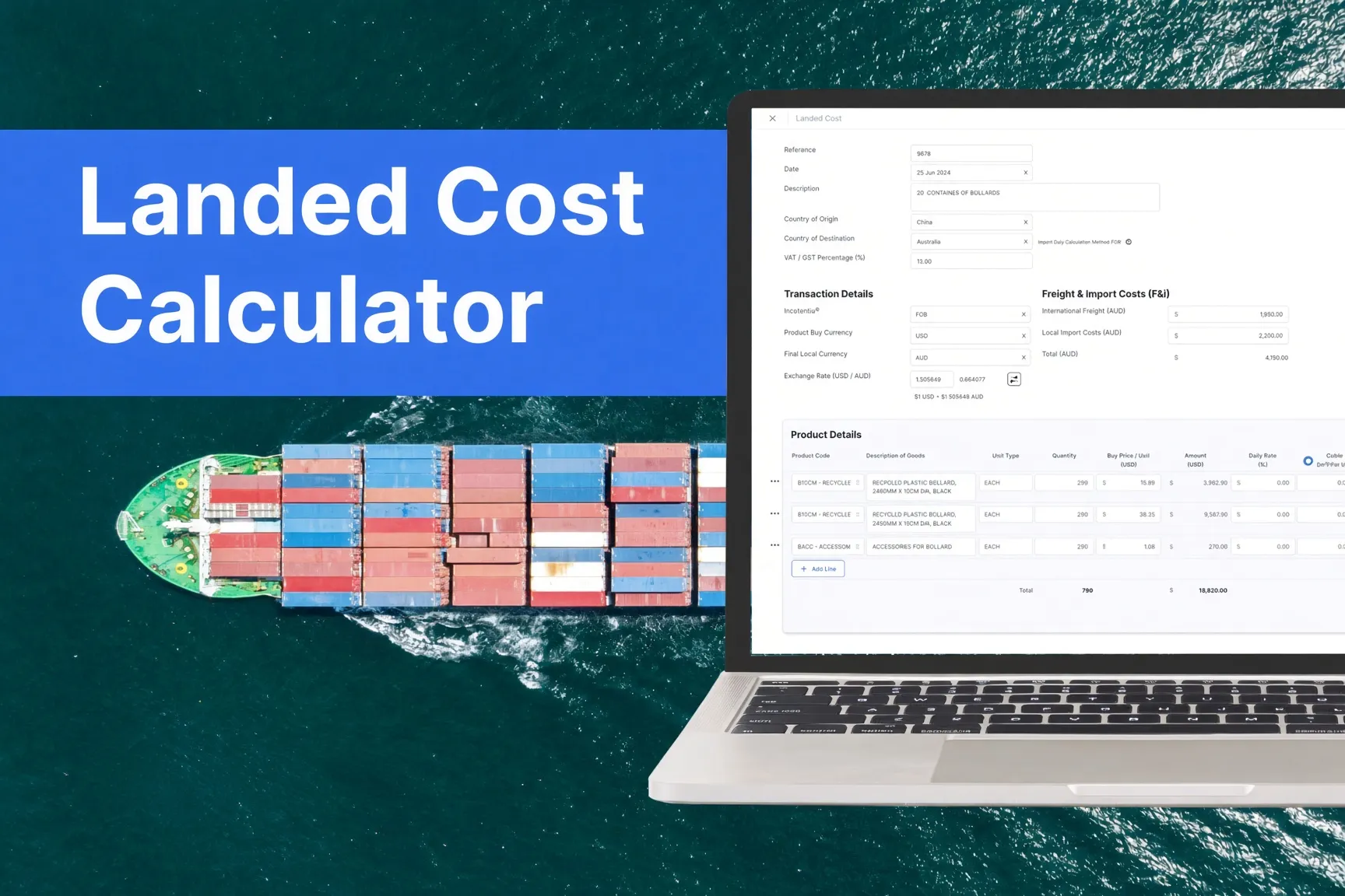 Landed cost calculator showing FOB price, freight, duty, and import costs against a container ship