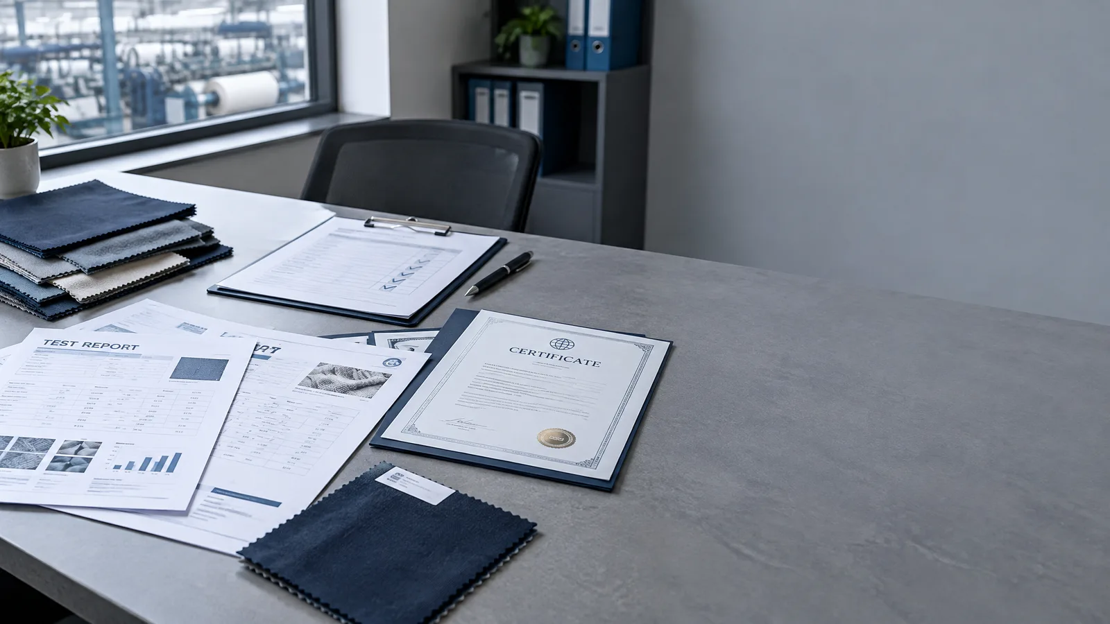 Test reports, certificate, clipboard, and fabric swatches on an audit desk