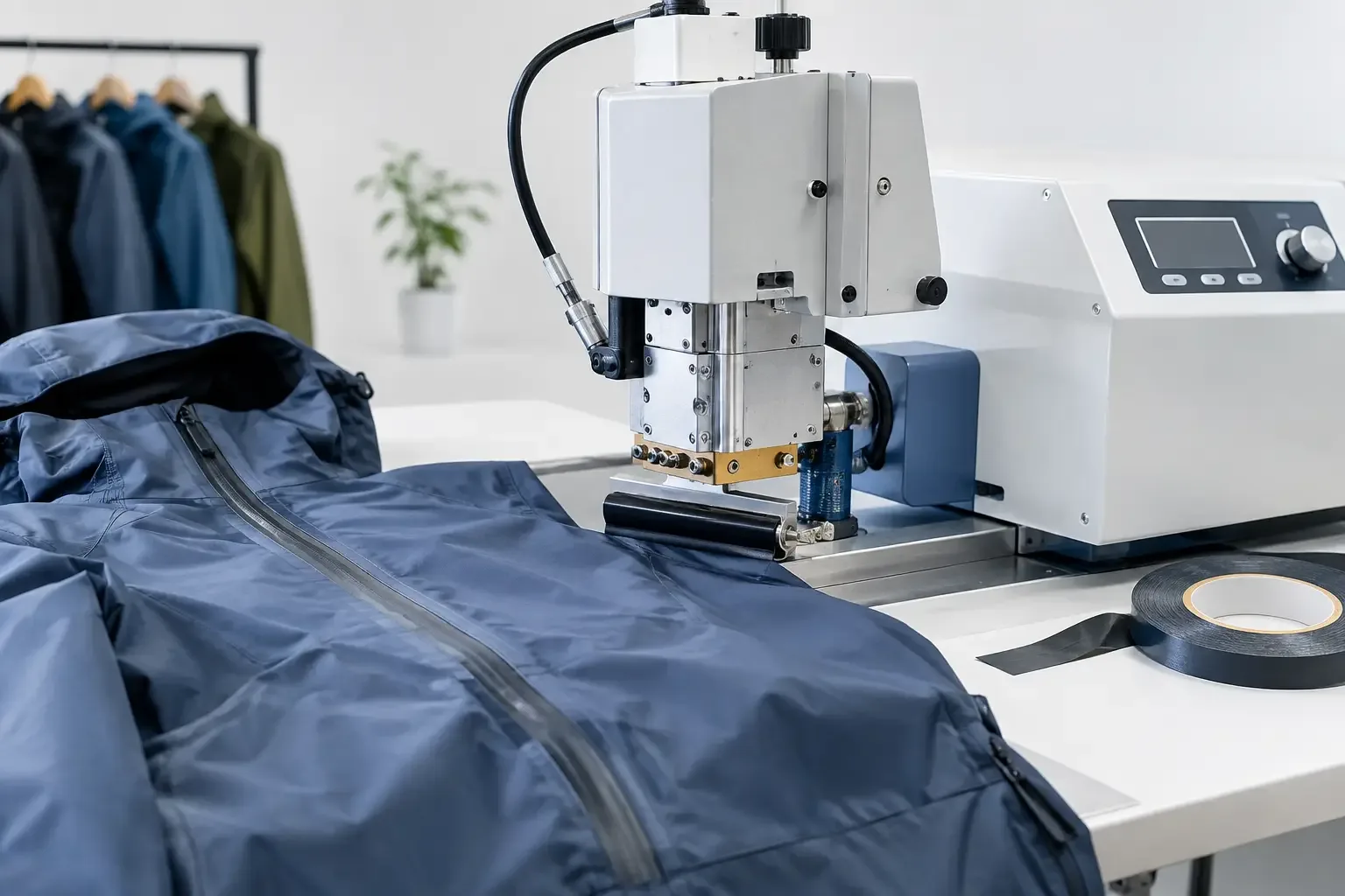Seam-sealing machine finishing a waterproof workwear jacket