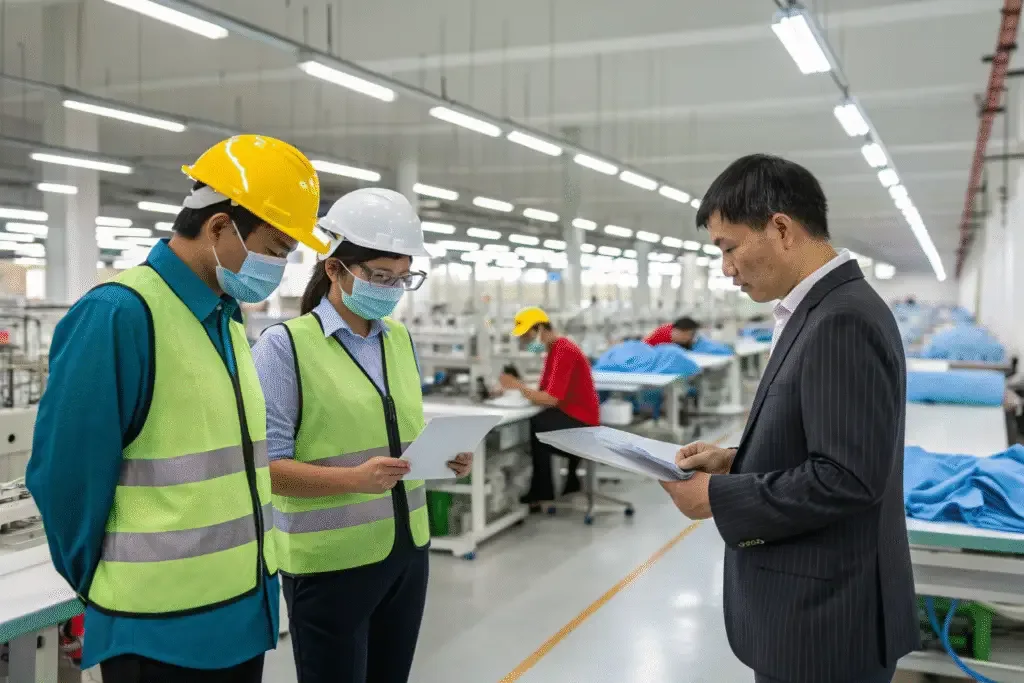 Auditors in hi-vis vests reviewing records on the factory floor