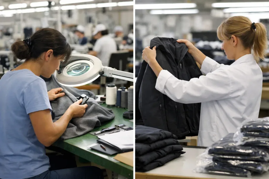 Two-panel QC check with fabric inspection under a magnifier and final garment review