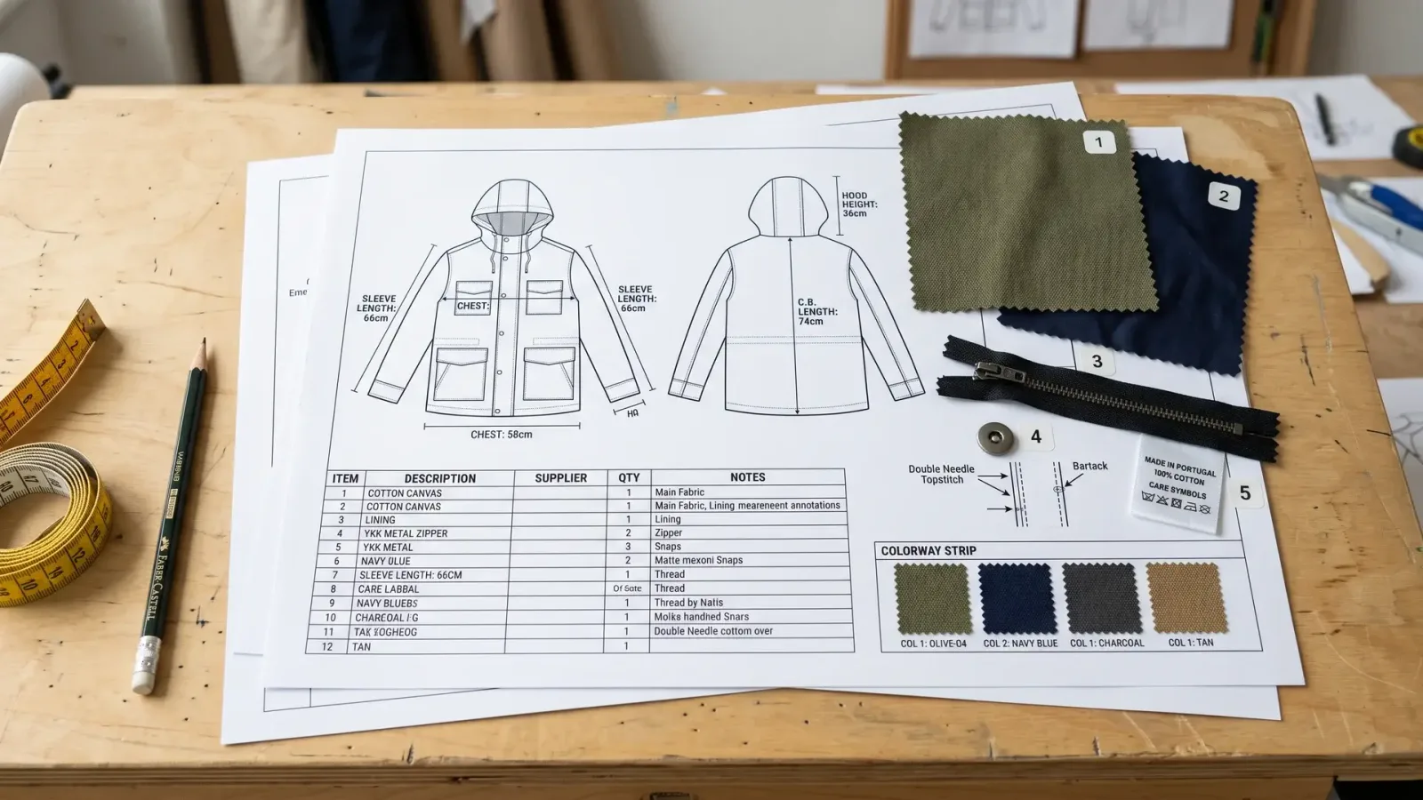 Tech pack, fabric swatches, zipper, and colorway strip for contract sign-off