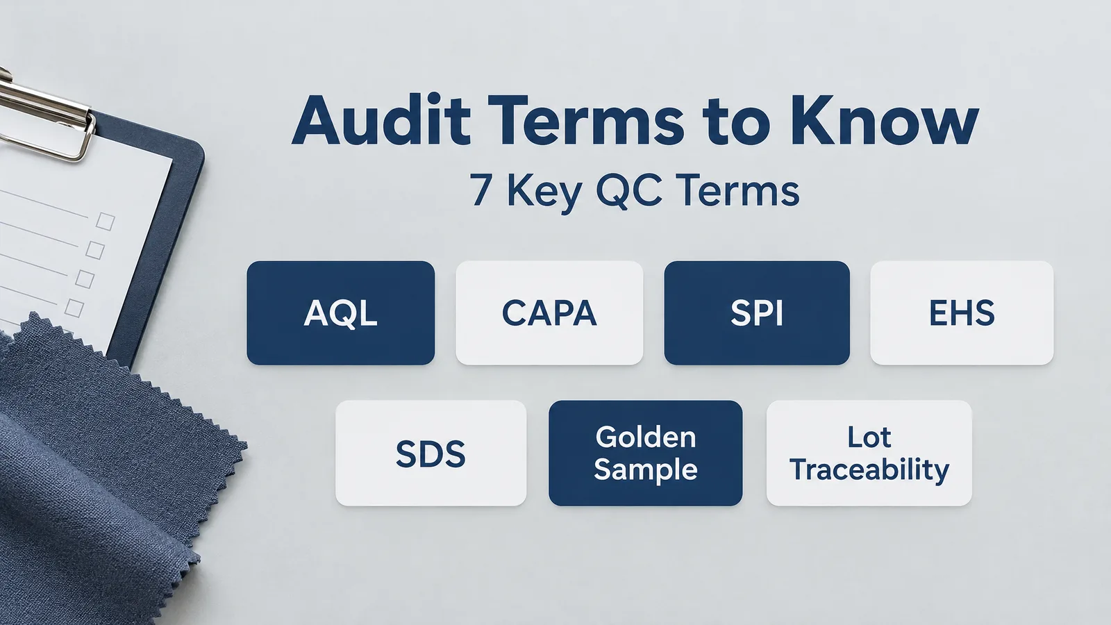 Audit terms summary covering AQL, CAPA, SPI, EHS, SDS, golden sample, and lot traceability