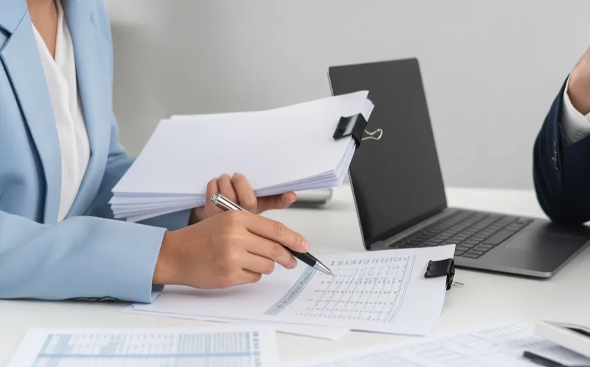 Auditor reviewing inspection documents and a checklist during a factory audit review
