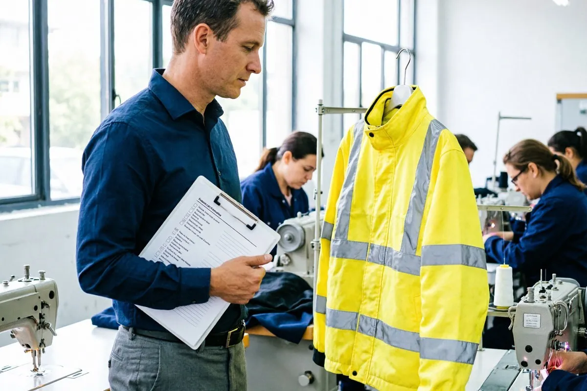 Auditor with a checklist beside a hi-vis jacket in a sewing room