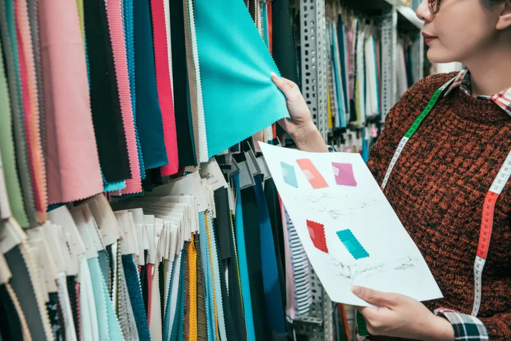 Buyer matching a shade card against a wall of fabric swatch rolls