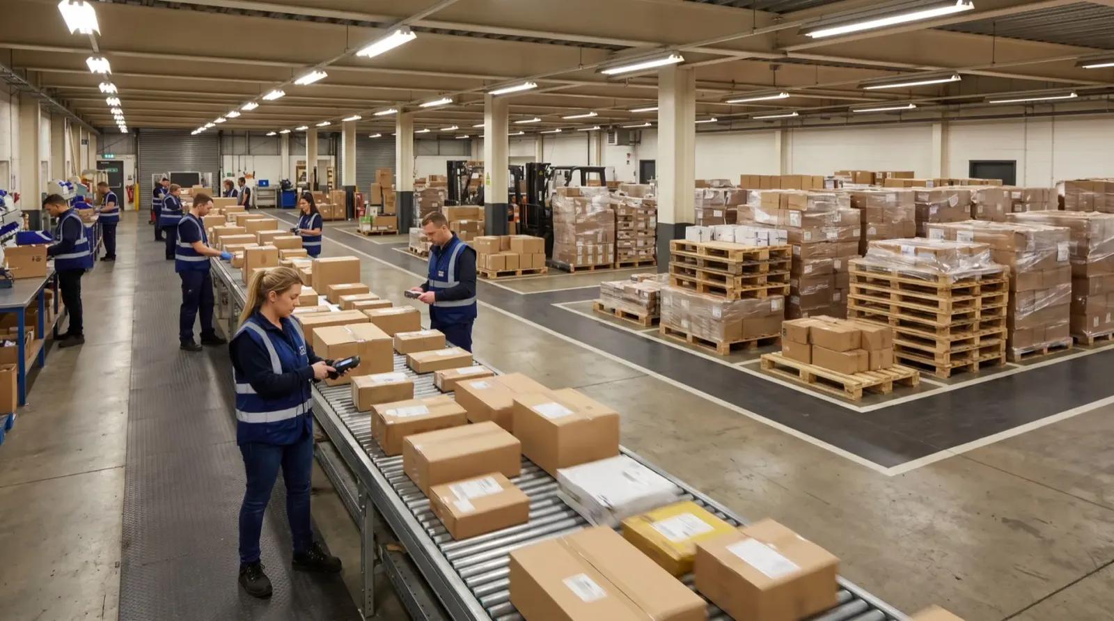 Workers scanning cartons on a conveyor in a workwear warehouse