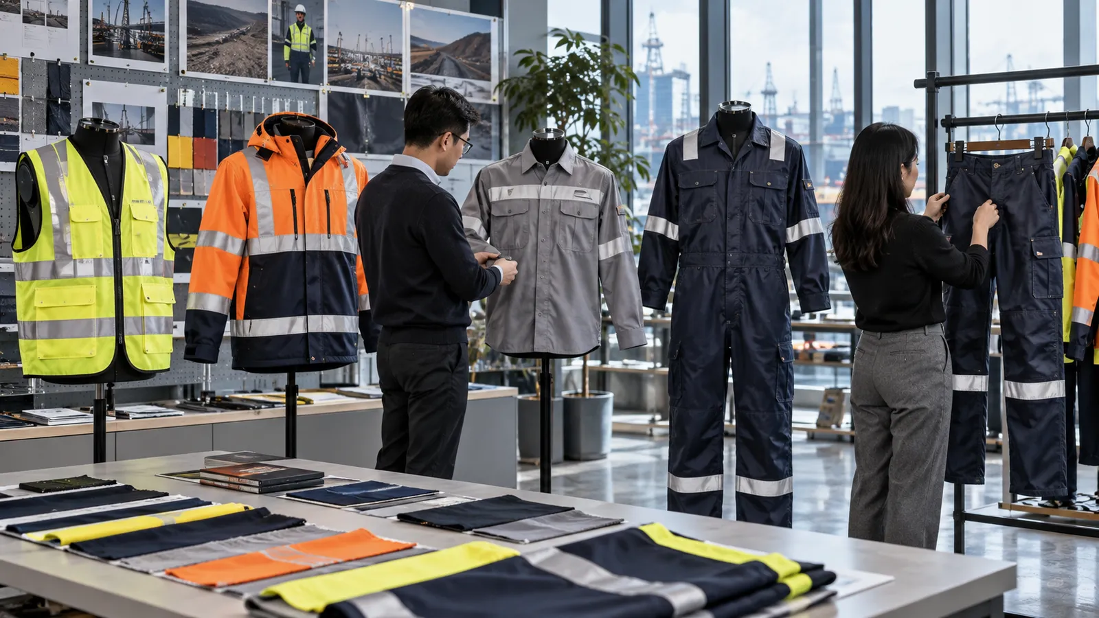 Showroom mannequins in hi-vis vests, FR jackets and coveralls with fabric swatches on the table