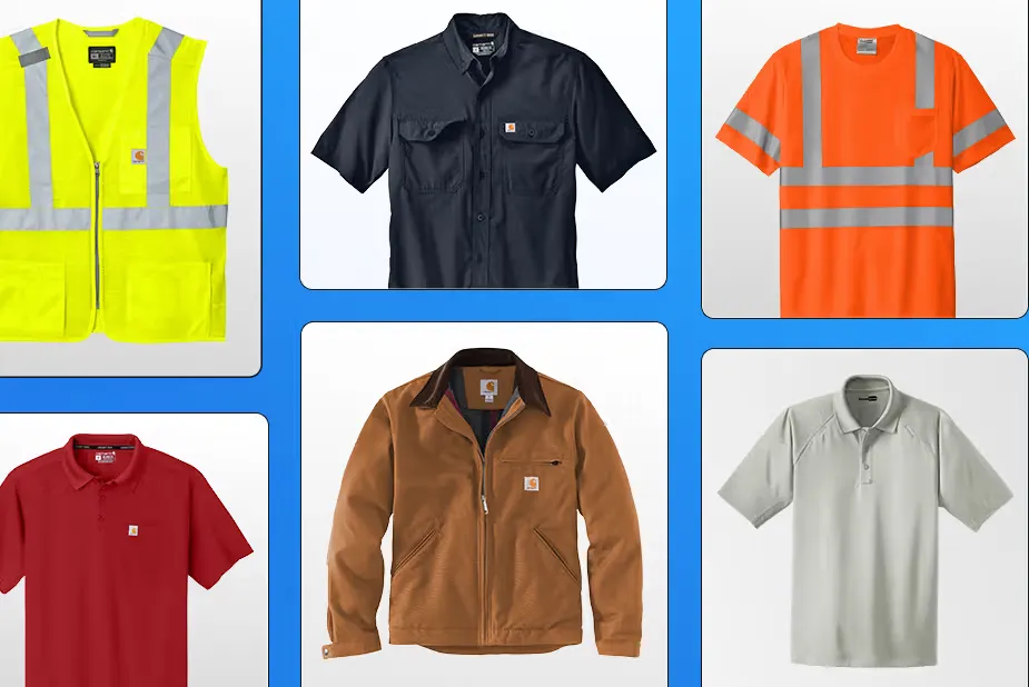 Yellow hi-vis vest, navy work shirt, orange hi-vis tee, red polo, brown duck jacket, and grey polo used as the spec pack inputs for a custom workwear MOQ quote