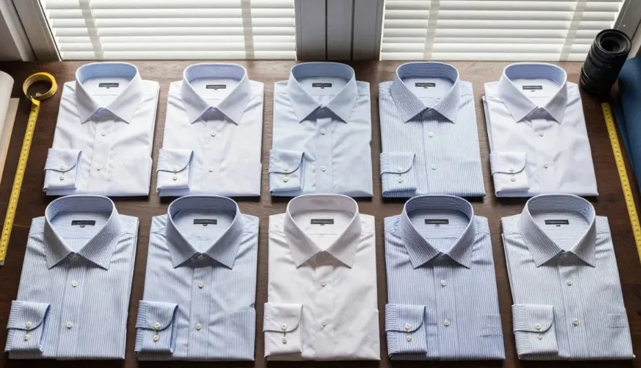 Ten folded white and pale blue dress shirts laid out in a grid with measuring tape on both sides for a size and shade consistency check