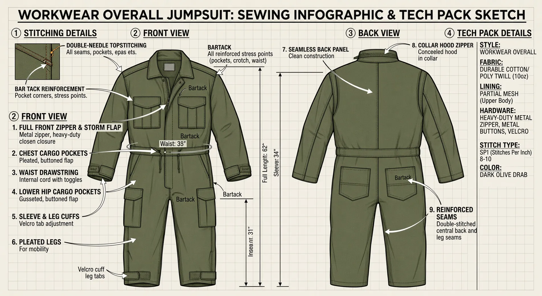 Workwear tech pack sketch showing stitching details, front and back views, bartack reinforcement, and full garment specification