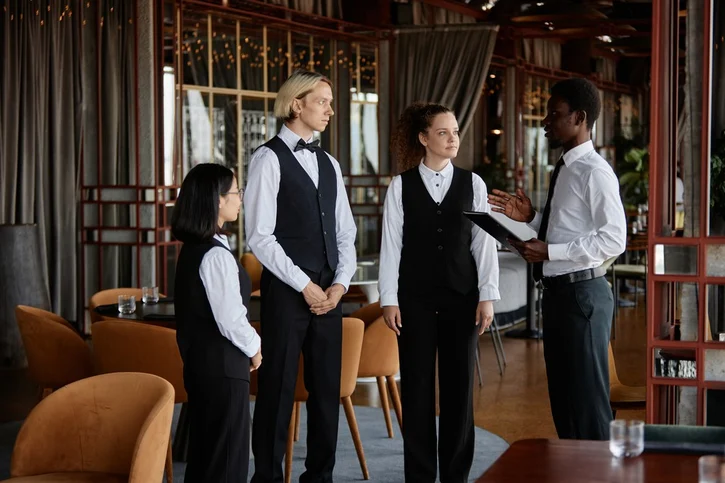 Luxury hotel staff in elegant custom hospitality uniforms — modern hospitality aesthetic