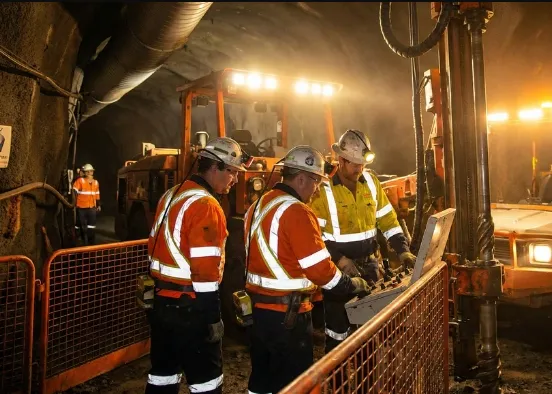 Oil and gas workers in FR coveralls and hi-vis gear at a drilling site