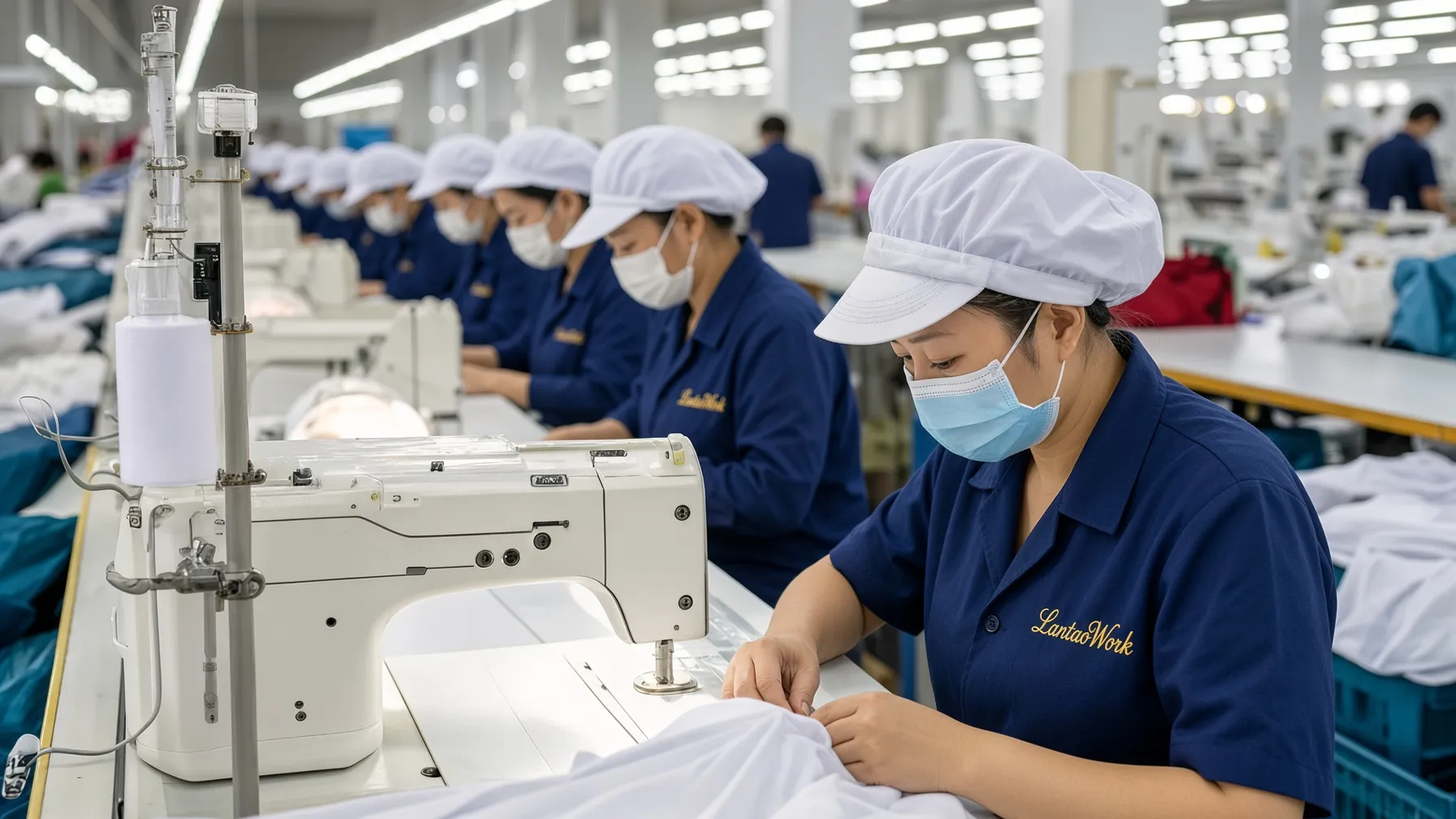 Uniform production line — operators sewing garment panels at industrial sewing machines