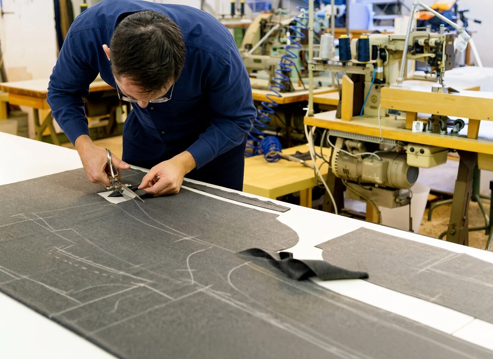 Sample cutter following a chalk-marked pattern on the cutting table