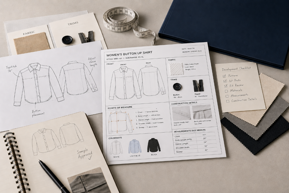 Tech pack for a button-up shirt — points of measure, trims, fabric swatches and colourways