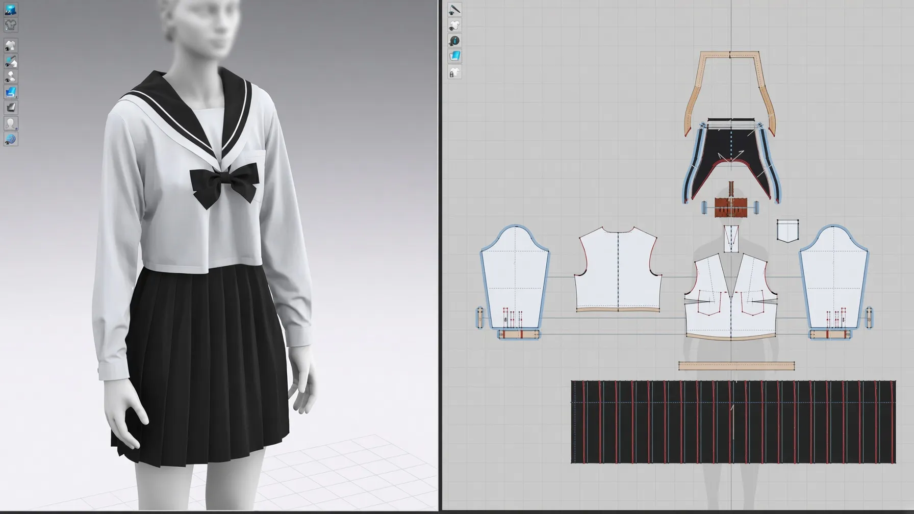 3D garment proof on screen beside its pattern pieces on a grading grid