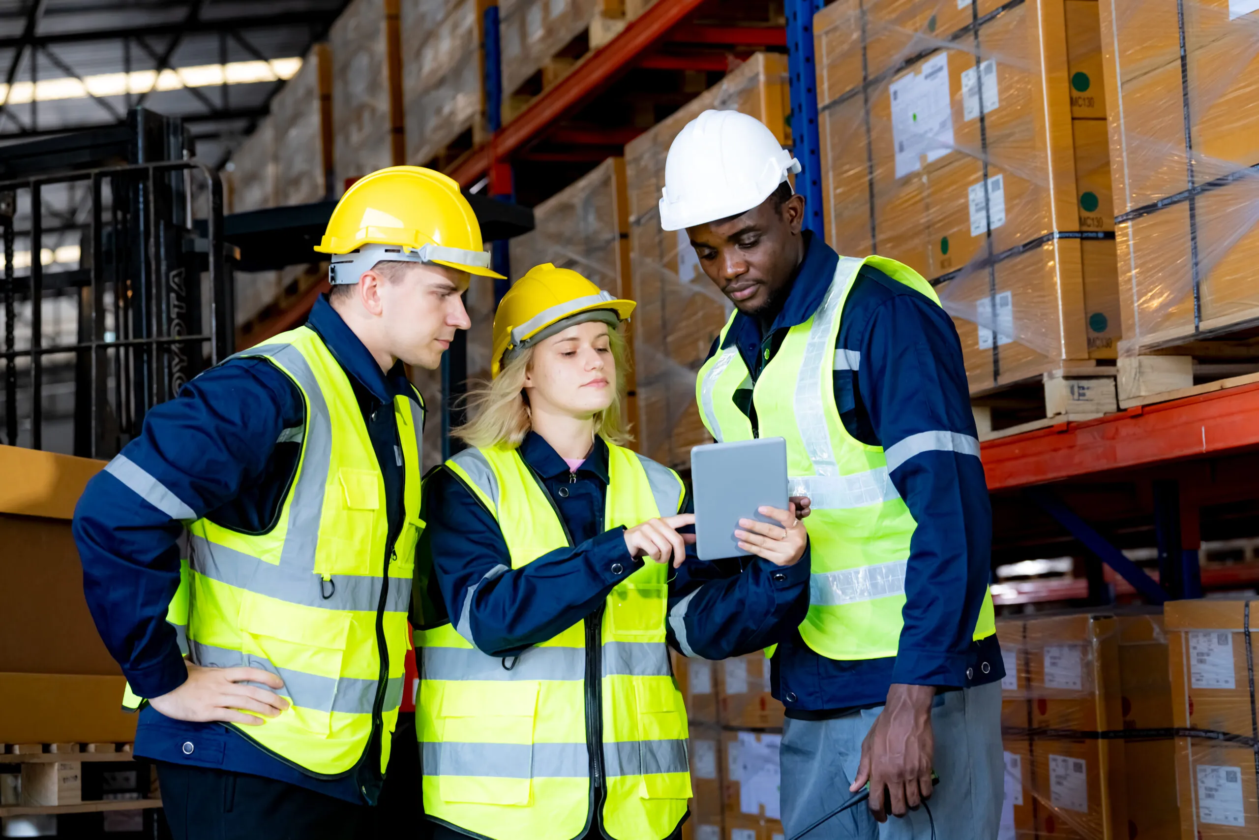Warehouse crew in hi-vis workwear checking the job on a tablet