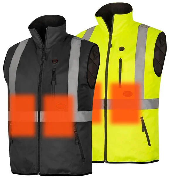 Battery-powered heated safety vest for cold storage and winter construction — ANSI compliant design