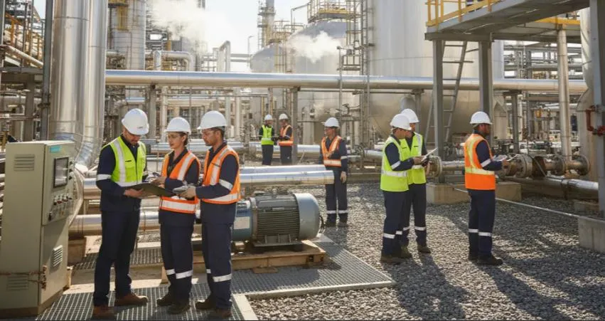Industrial refinery crew wearing NFPA 2112 FR-rated flame-resistant safety vests on-site — LantaoWork factory-direct