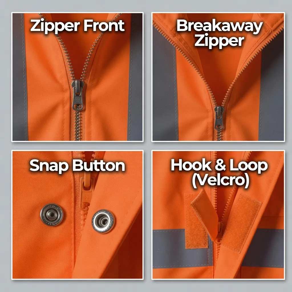 Safety vest closure types — Zipper, Breakaway, Snap Button, Hook and Loop