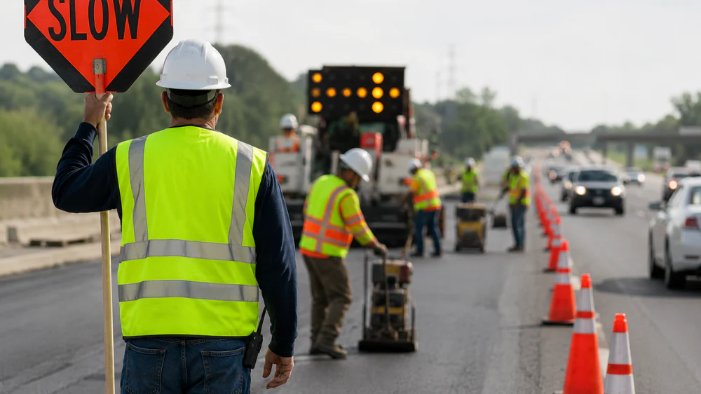 Road construction crew wearing ANSI Class 3 high visibility safety vests on highway job site — LantaoWork factory-direct