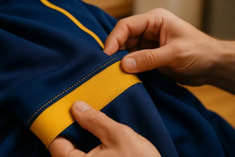 Seam tensile strength testing equipment measuring stitched UK school uniform fabric strength to ISO 13935-2 standards for durability