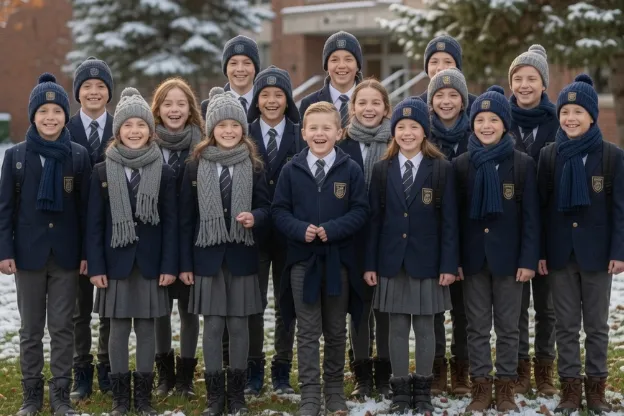 Alberta independent school winter uniform — extreme cold climate 3-layer program