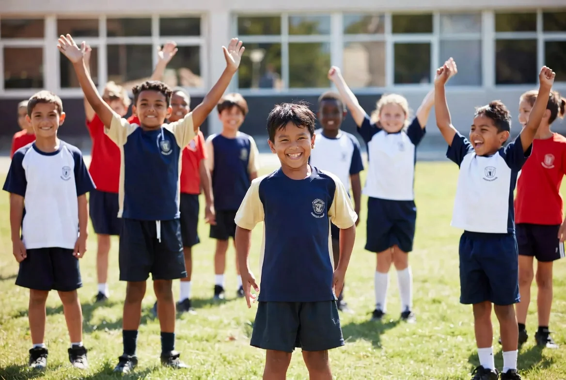 Elementary school athletic PE kit — pique polo and double-knee pants uniform program