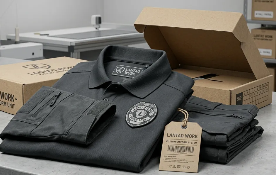 Custom security uniform branding labels, embroidery and packaging