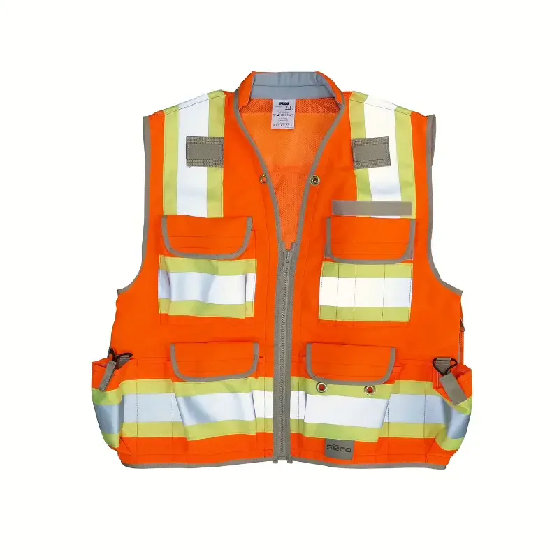 Heavy-duty surveyor safety vest with tool pockets D-rings and tablet sleeves for field technicians — OEM custom