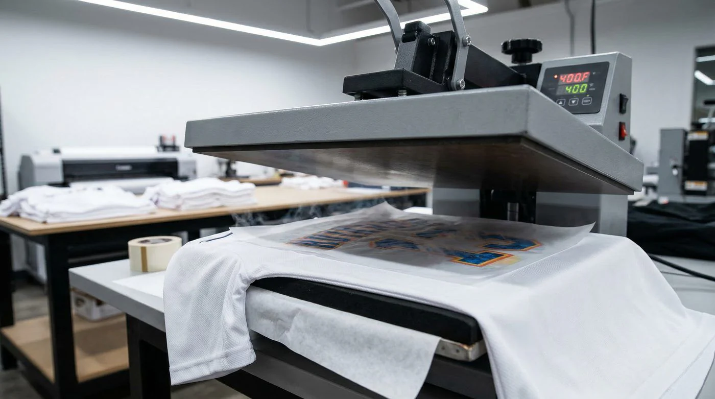 Dye sublimation heat press transferring design onto polyester fabric at LantaoWork