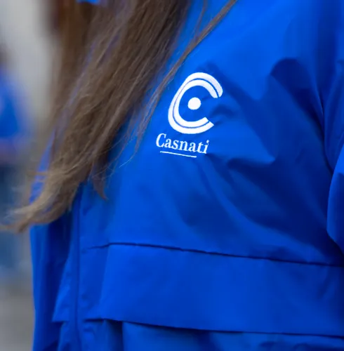 Embroidered jacket with multi-color logo application on chest