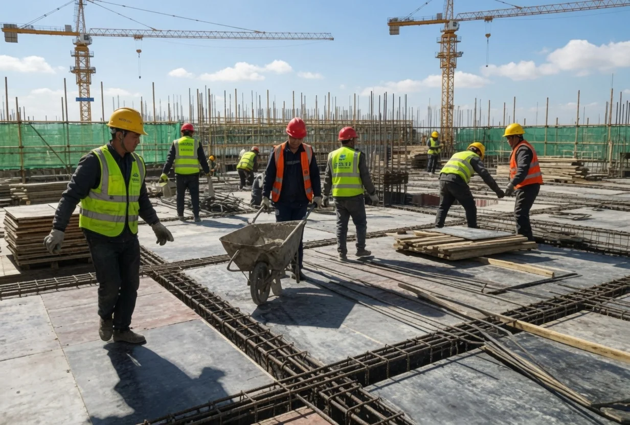 Construction site workers wearing hi-vis safety vests and hard hats on active job site