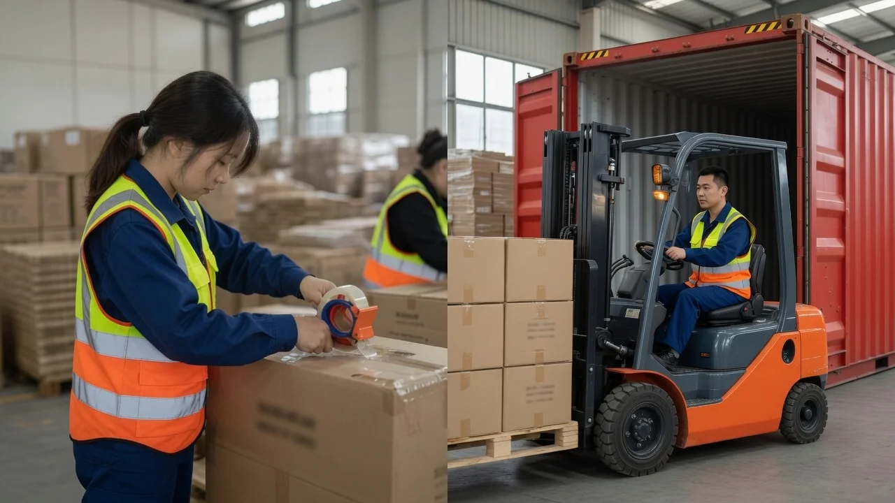 Packed workwear cartons on pallets ready for container loading
