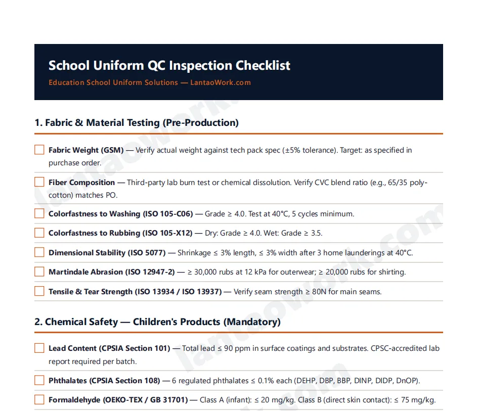 School Uniform QC Inspection Checklist PDF preview
