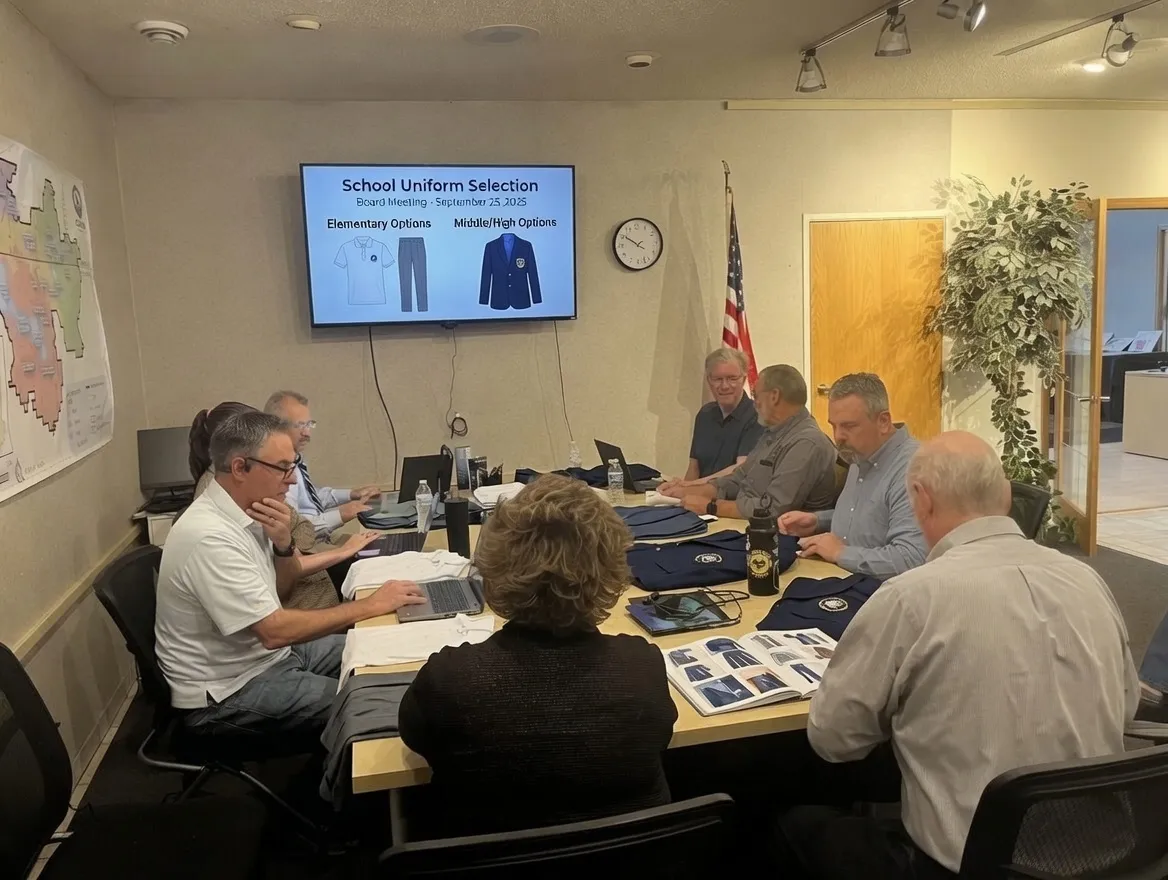School board committee meeting discussing fabric samples on table