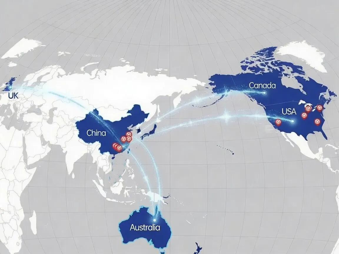 Global shipping routes map showing ocean freight from China to US West Coast, US East Coast, Canada, United Kingdom, and Australia