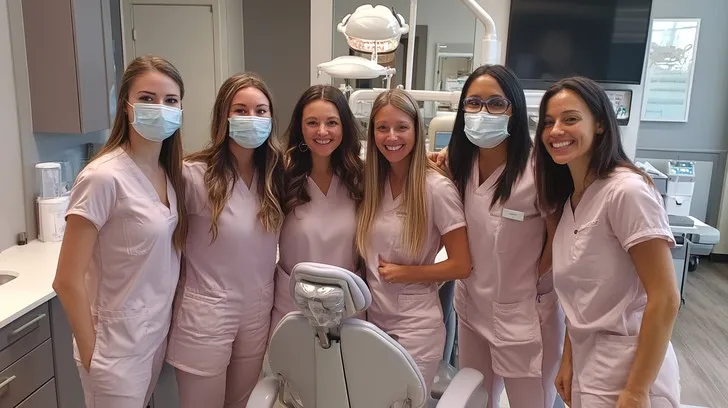 Dental clinic group staff in standardized color-coded uniforms