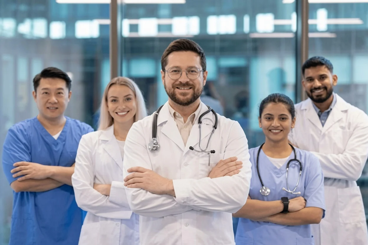 Medical professionals in coordinated scrubs and lab coats in a modern hospital setting