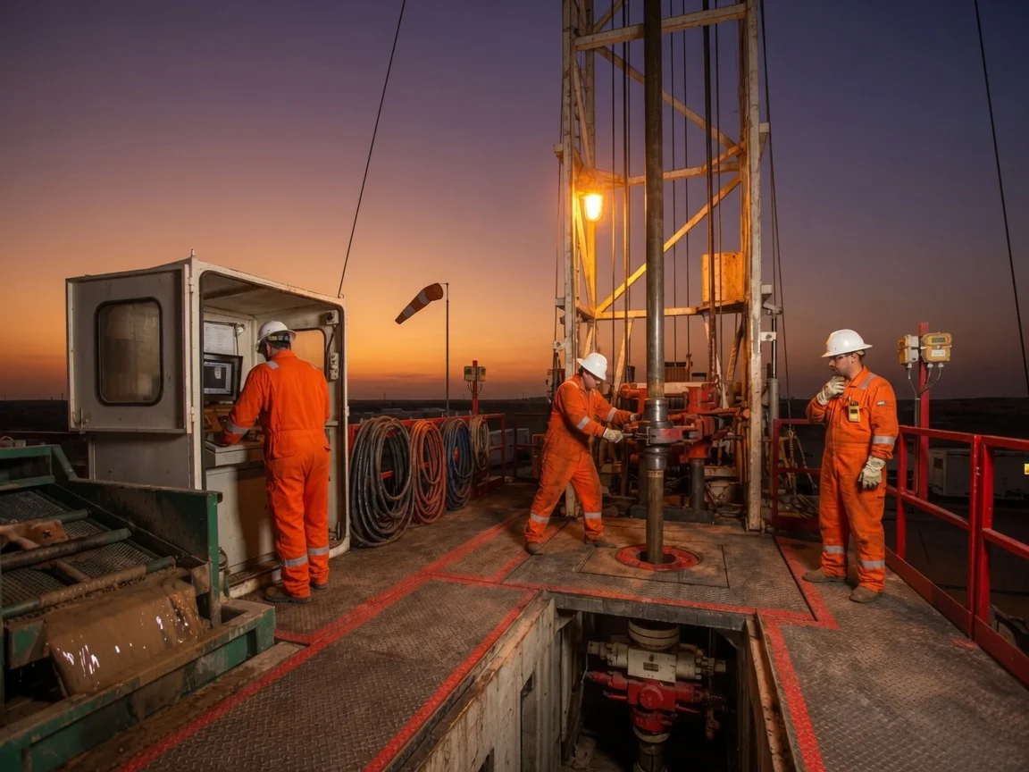Offshore oil platform workers in FR-certified coveralls with full compliance documentation