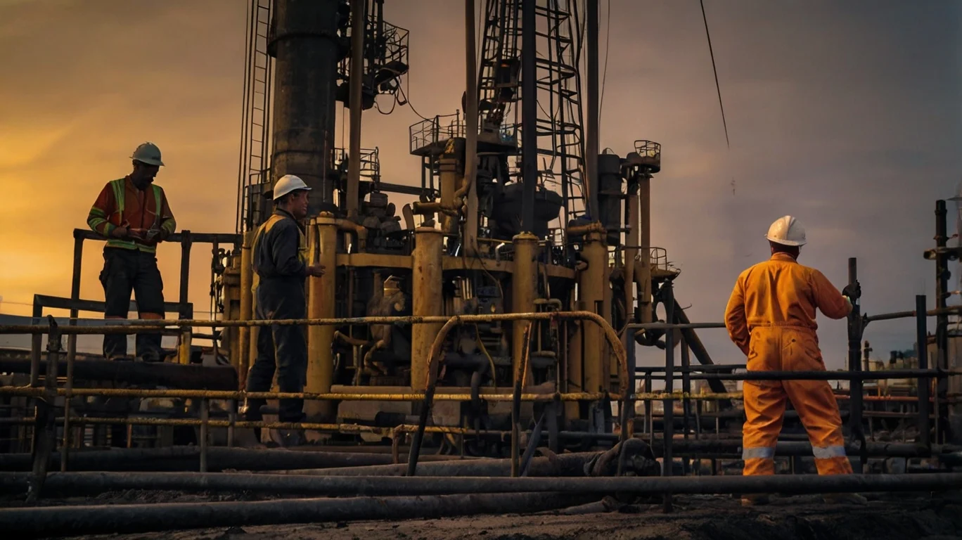 Heavy industry workers in FR protective gear at oil refinery and steel mill