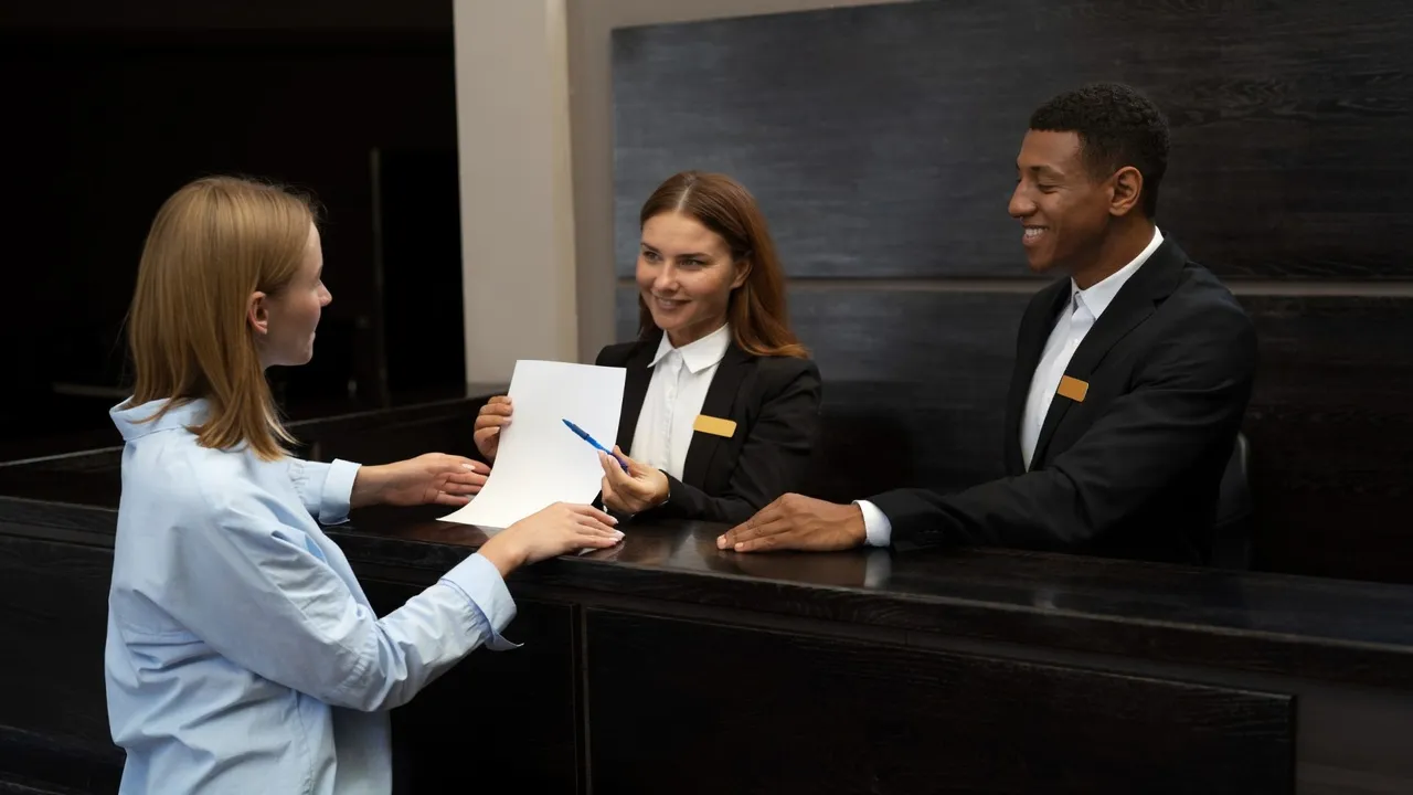 Hotel front desk staff in tailored professional uniforms